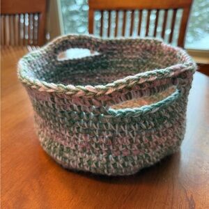 Handmade Crochet Basket With Handles. Pink, Green and Cream. Storage, Gifting.